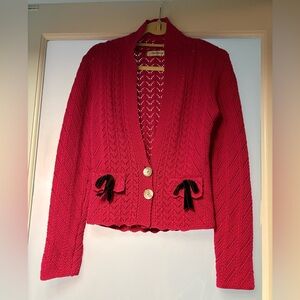 Vintage Beth Bowley hot pink knit Cardigan with Velvet Bow Accents